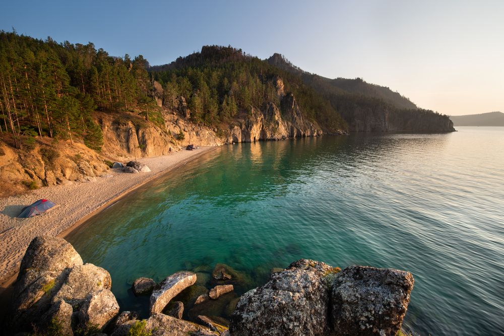 Tents set up in a beautiful recreation spot on Lake Baikal