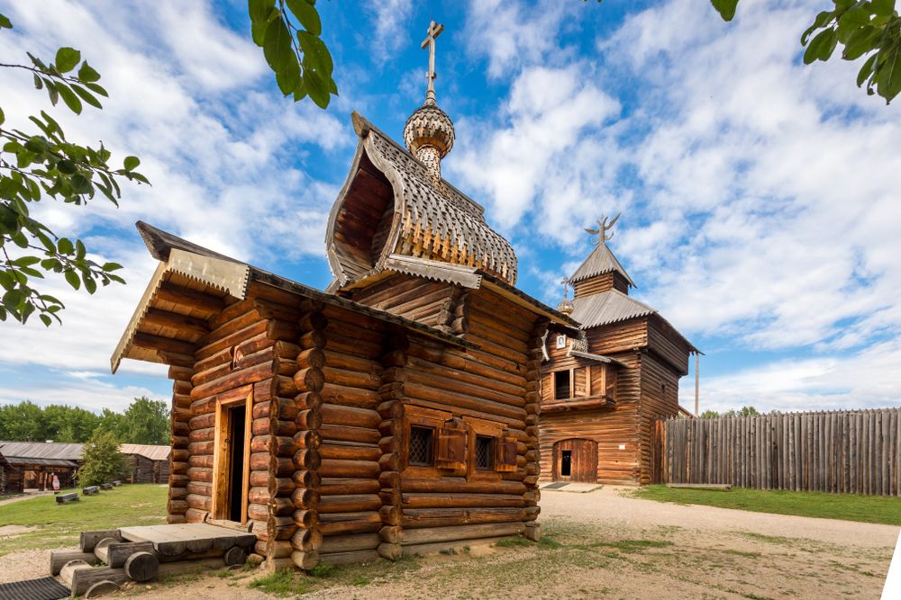A view of the wooden church in Listvyanka village on Lake Baikal