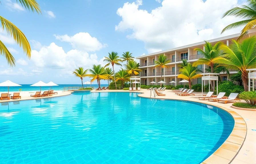 Resort pool and beach area with guests relaxing at Punta Cana resort