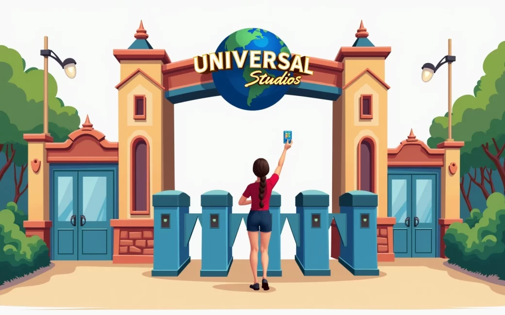 Visitor at Universal Studios Florida entrance gate with ticket