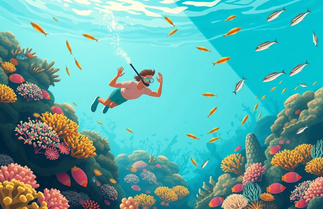 Snorkeler exploring a vibrant coral reef with tropical fish