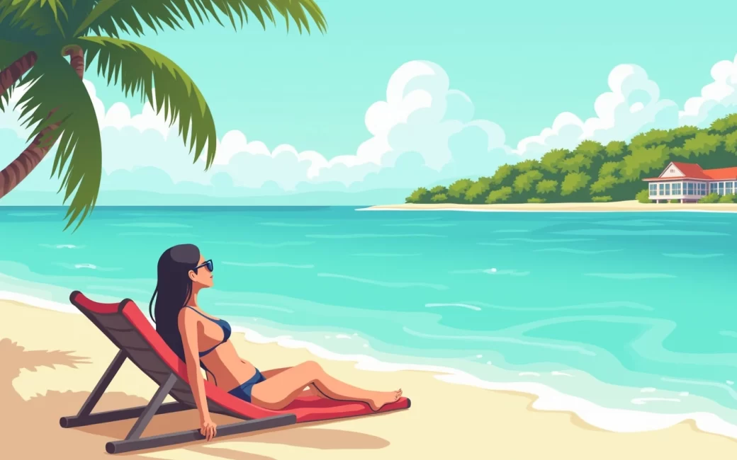 Traveler relaxing on a Caribbean beach with turquoise water and palm trees