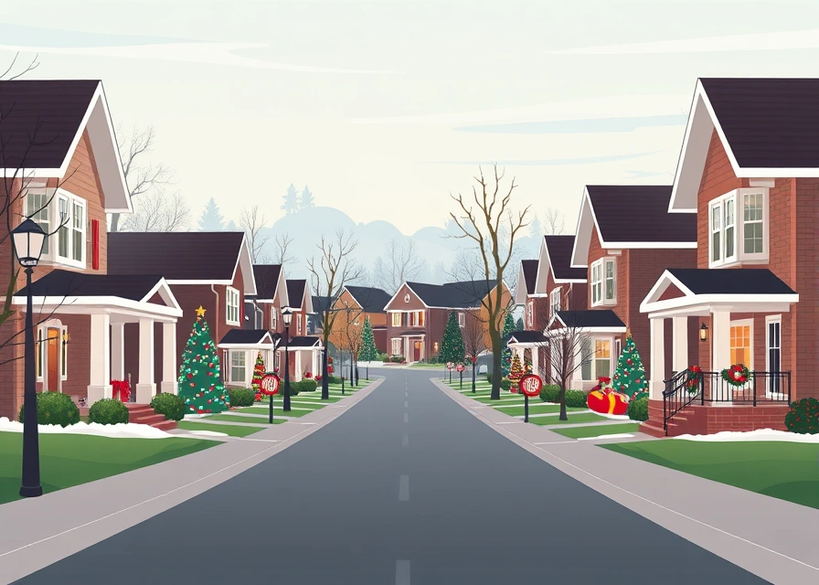 Row of suburban houses with Christmas decorations and lights