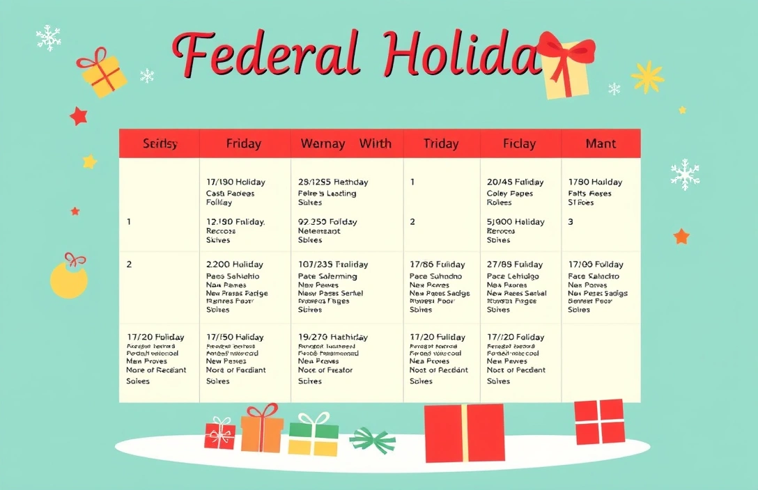 List of federal holidays including New Year's, MLK Day, Washington's Birthday, and others