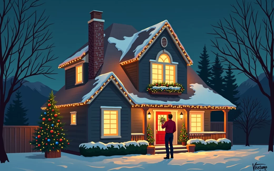 Man on ladder installing elaborate Christmas light display on house exterior