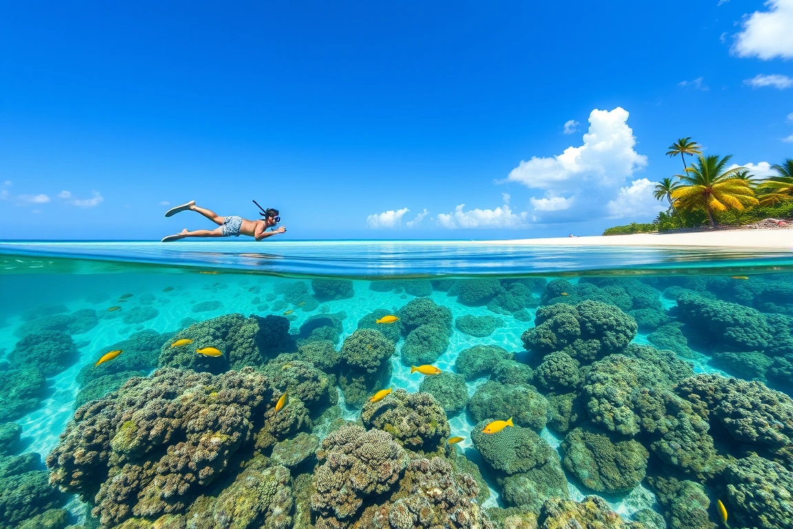 Snorkeler swimming above colorful coral and fish in shallow water just offshore from a Caribbean beach.