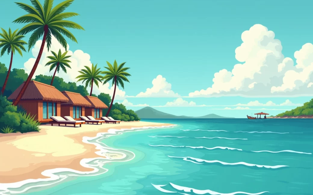 Beachfront view of an all-inclusive resort with overwater bungalows and tropical vegetation.