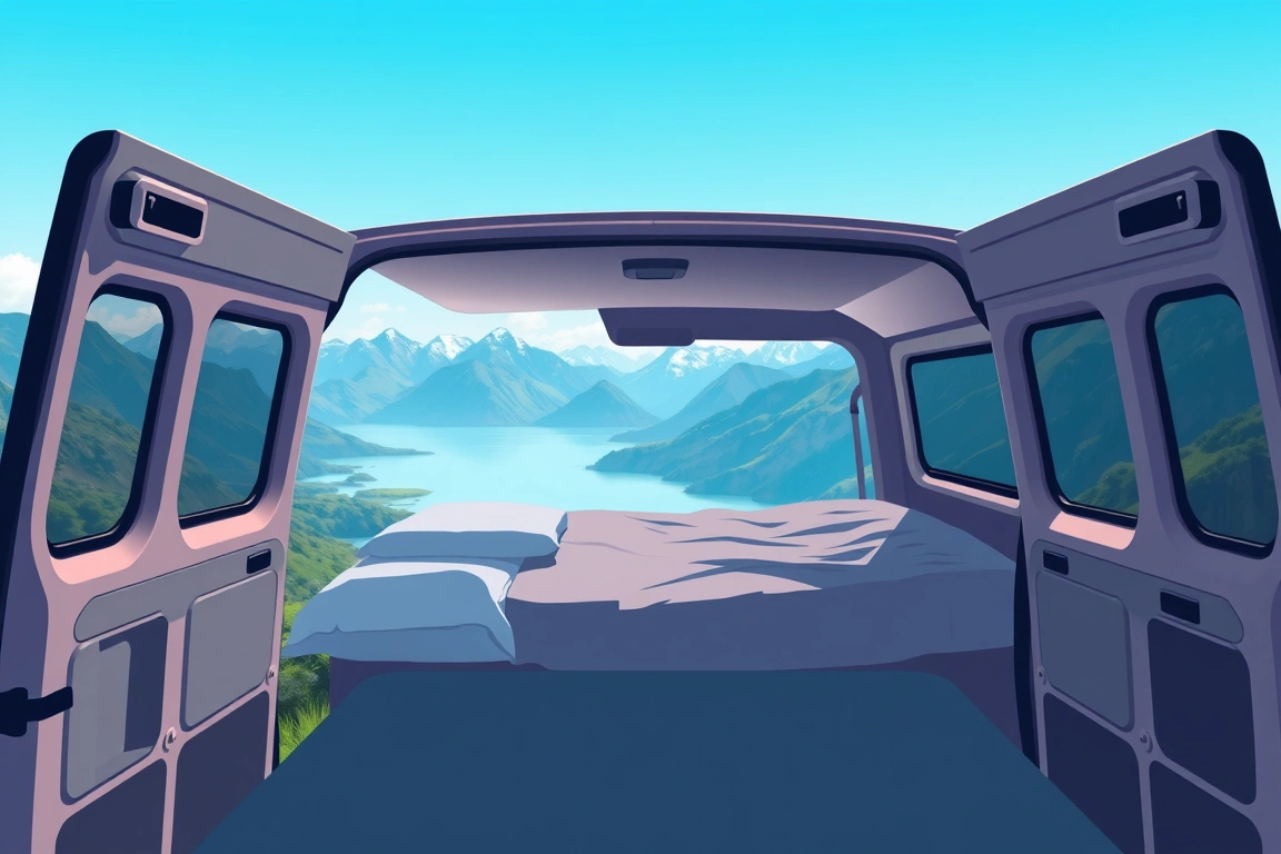 Campervan parked at a viewpoint in New Zealand's South Island mountains