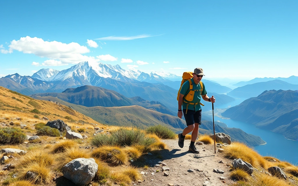 Hiker on a mountain trail in New Zealand during summer season with clear visibility