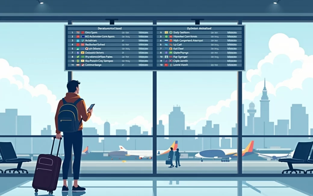 Traveler at New Zealand airport terminal with luggage and flight information displays