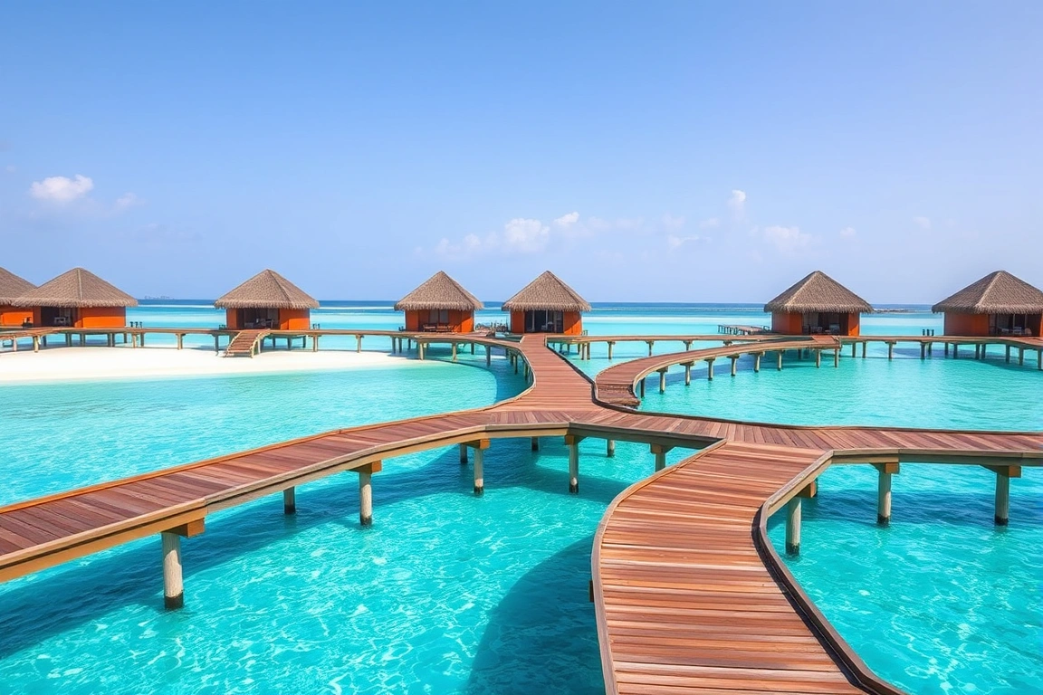 Overwater bungalows on stilts at a Maldives resort with turquoise lagoon water below
