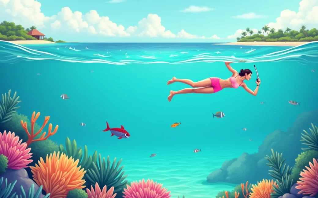 Snorkeler in clear water above vibrant coral reef with tropical fish and resort island behind